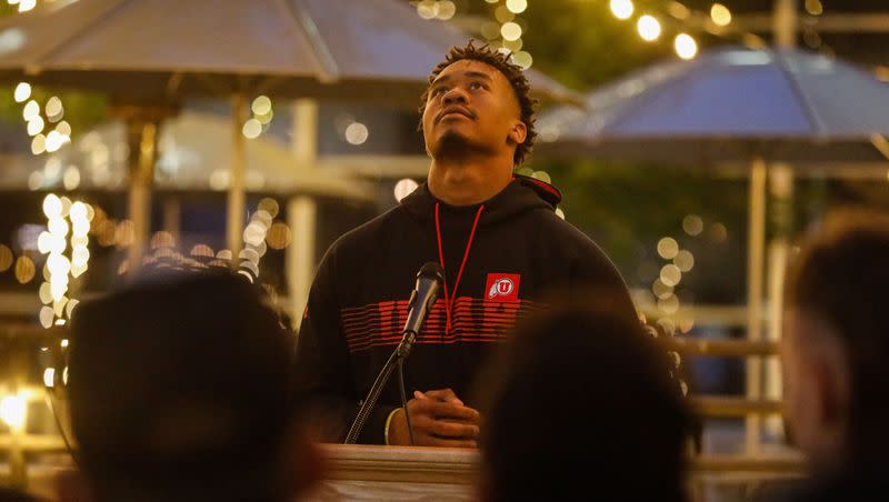 University of Utah football player Ja’Quinden Jackson looks up as he speaks during a candlelight vigil remembering the life of slain student-athlete Aaron Lowe on Wednesday, Sept. 29, 2021, at University of Utah in Salt Lake City.