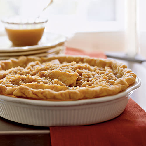 Pear Pie with Streusel Topping and Caramel Sauce