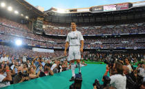 <p>Ronaldo is unveiled as a Real Madrid player in 2009. </p>