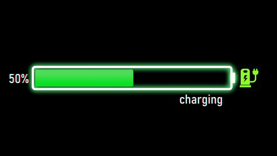 electric charging progress bar, electric vehicle or phone battery indicator showing an increasing battery charge the battery indicator shows it fills up to 50