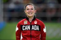 <p>Gold medalist Rosannagh Maclennan of Canada reacts after winning the Trampoline Gymnastics Women’s Final on Day 7 of the Rio 2016 Olympic Games at the Rio Olympic Arena on August 12, 2016 in Rio de Janeiro, Brazil. (Getty) </p>