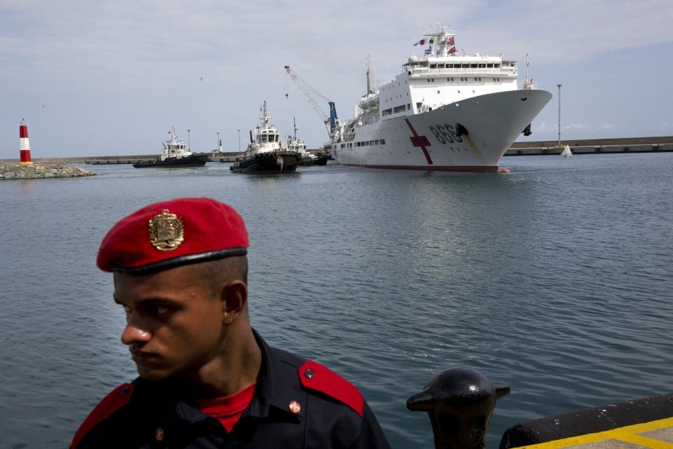 Chinese navy hospital ship "The Peace Ark" arrives at the port in la Guaira, Venezuela, Saturday, Sept. 22, 2018. The stop by the People's Liberation Army Navy's ship is the latest in an 11-nation "Mission Harmony" tour and will provide free medical treatment for Venezuelans. (AP Photo/Ariana Cubillos)