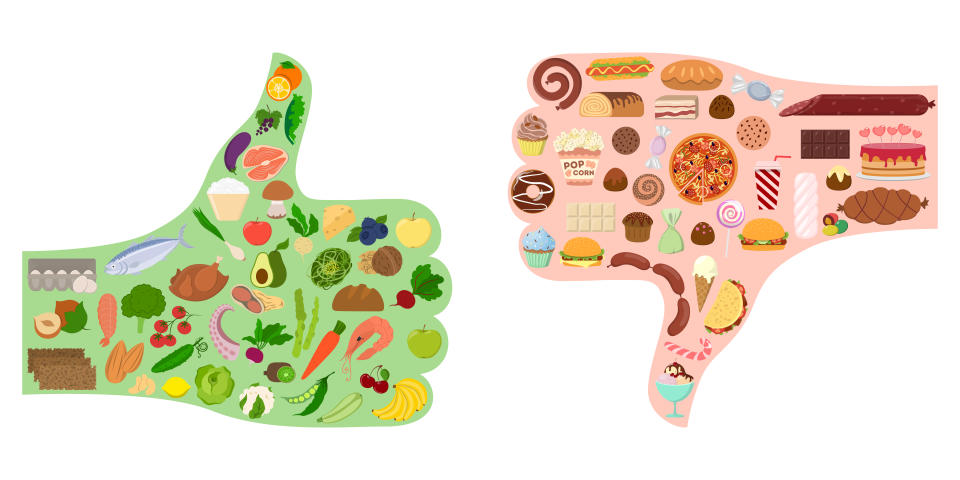 Gut health. Good and bad food. Thumbs silhouette with healthy and junk food.