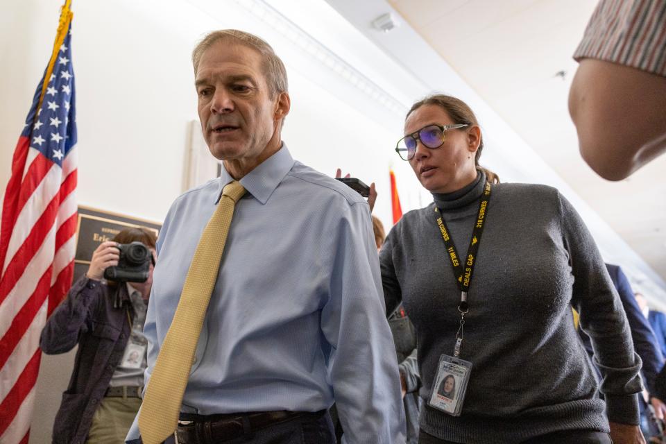 Oct 13, 2023; Washington, DC, USA; Rep. Jim Jordan, R-Ohio, departs from a GOP caucus meeting working to formally elect a new speaker of the House on Oct. 13, 2023.