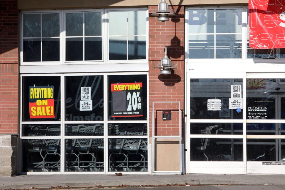 Sale signs outside Bed Bath & Beyond in Elmsford, Jan. 30, 2023. The company has announced the Elmsford location will be closing and are having closing sales.