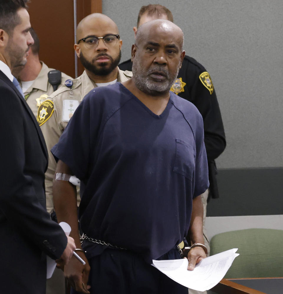 FILE - Duane "Keffe D" Davis is led into the courtroom at the Regional Justice Center on Wednesday, Oct. 4, 2023, in Las Vegas. Davis has been charged in the 1996 fatal drive-by shooting of rapper Tupac Shakur. (Bizuayehu Tesfaye/Las Vegas Review-Journal via AP, Pool, File)