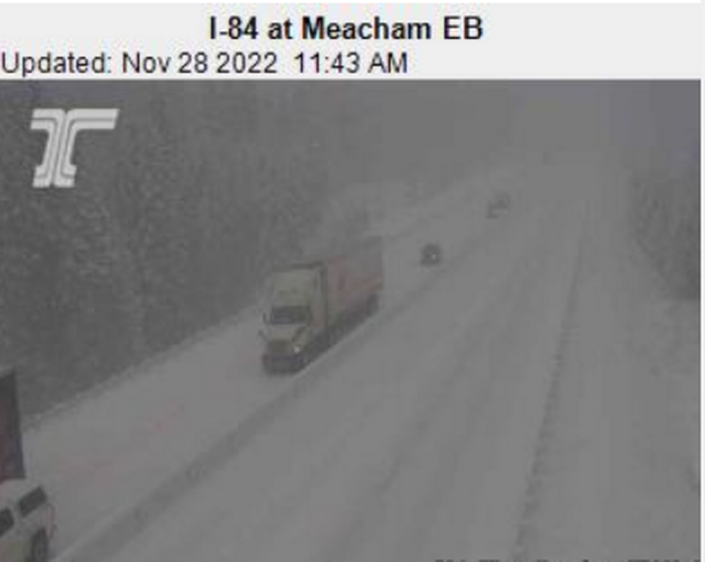 An Oregon Department of Transportation traffic cam shows conditions 30 miles east of Pendleton just before noon Monday.