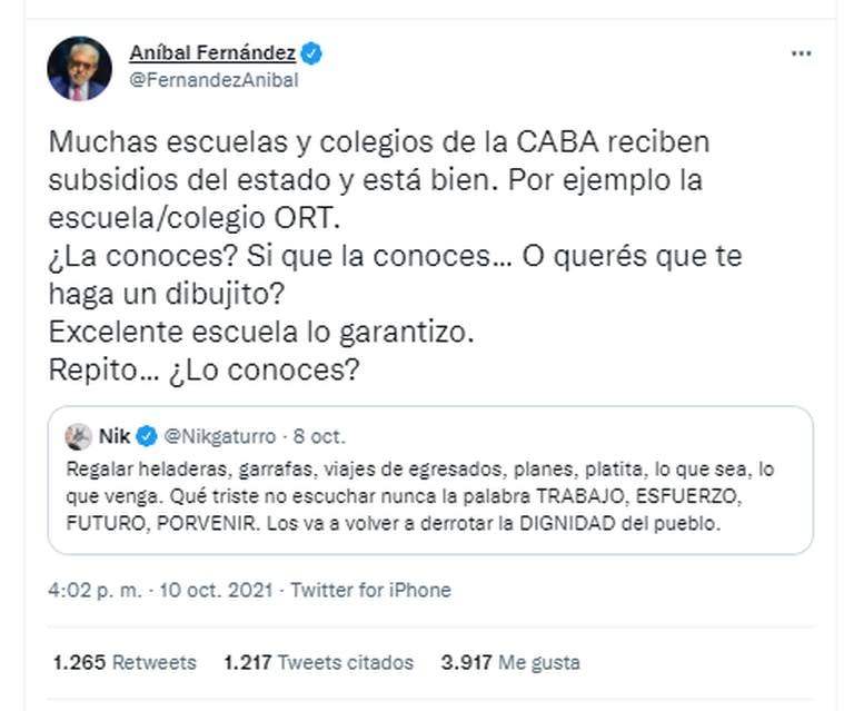 El mensaje del ministro de Seguridad, Aníbal Fernández, al caricaturista por su tuit