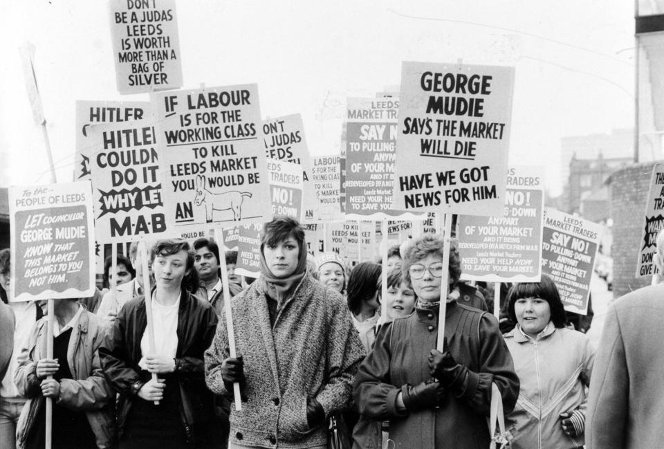 The message is clear. More than 100 Kirkgate Market traders marched to Leeds Civic Hall in November 1985 to protest against redevelopment plans.