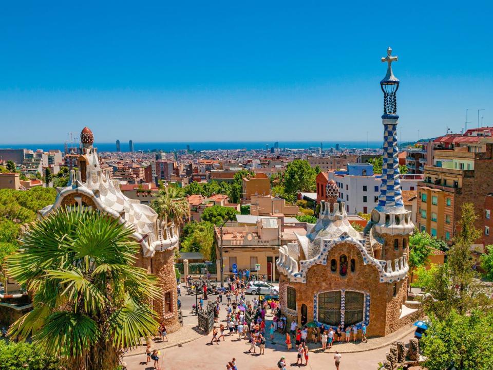 Toursts visit Park Guell in Barcelona, Spain.