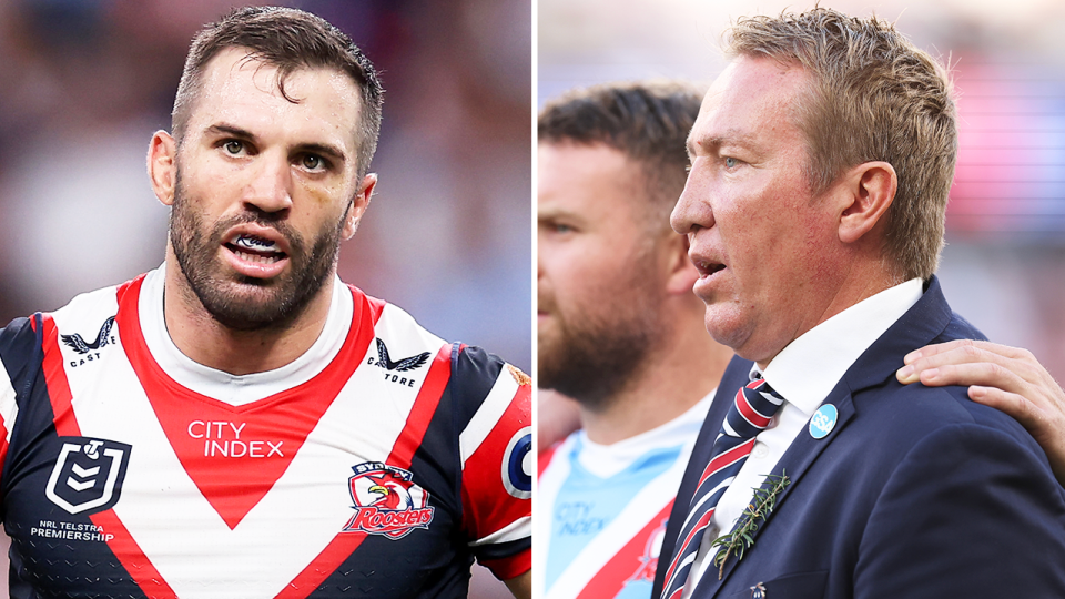 The NRL community is questioning whether Trent Robinson (pictured right) will be under pressure if the Roosters don't turn their season around with James Tedesco (pictured left) and the team failing to fire in 2024. (Getty Images)