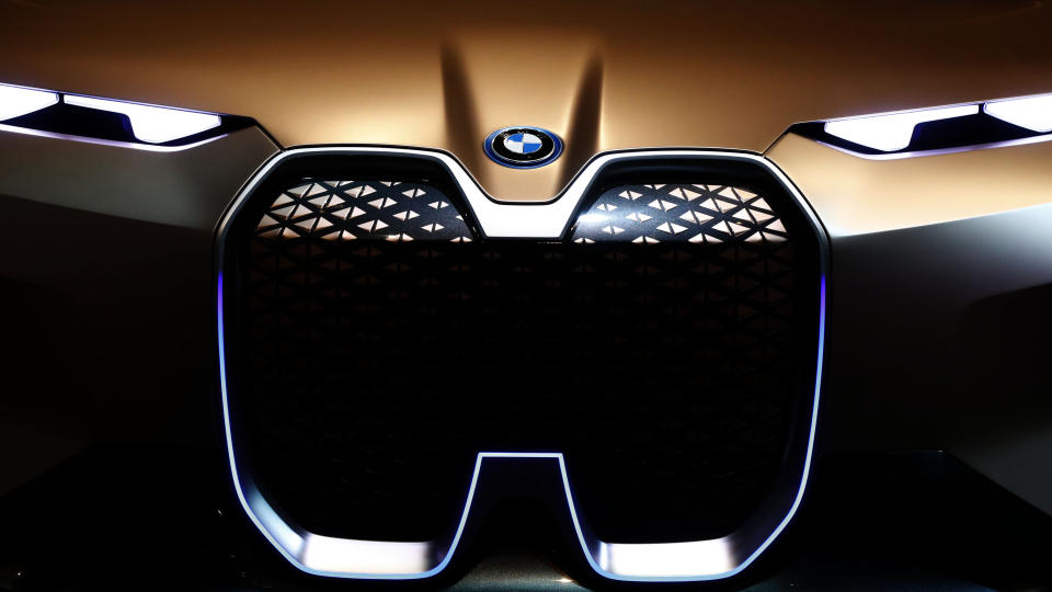 FILE - In this Wednesday, March 20, 2019 file photo, BMWi car is pictured during the earnings press conference in Munich, Germany. German automaker BMW AG lost 212 million euros, $250 million, in the second quarter as the coronavirus pandemic shutdowns cut vehicle sales by a quarter in the April-June period.(AP Photo/Matthias Schrader, file)