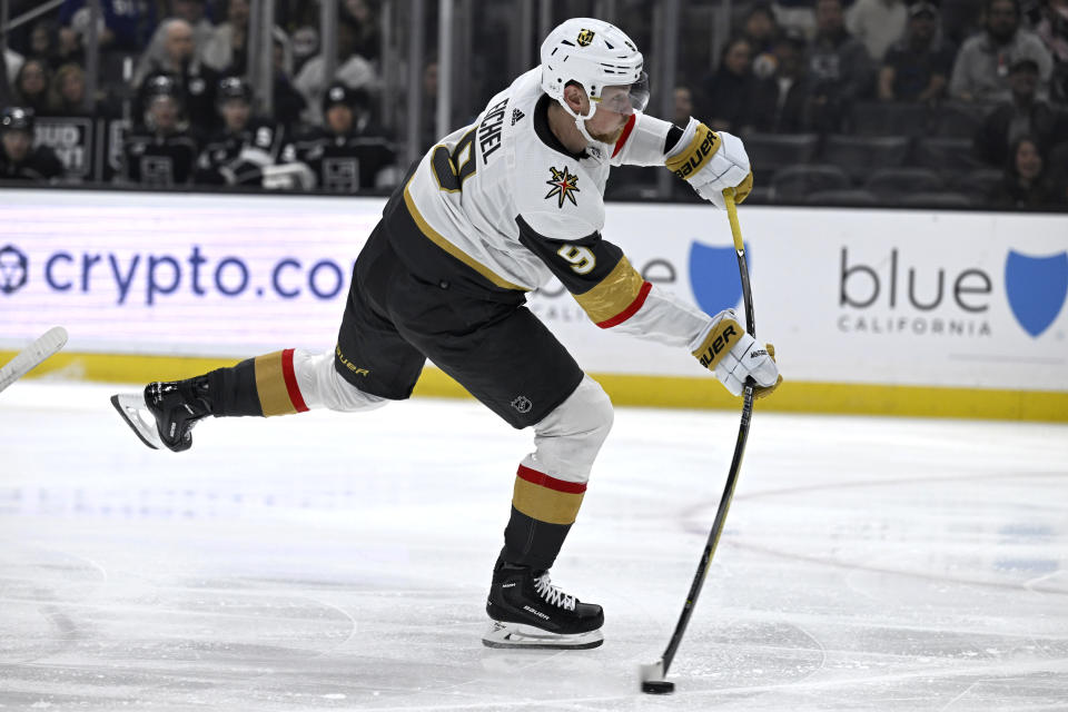 Vegas Golden Knights center Jack Eichel (9) shoots against the Los Angeles Kings during the first period of an NHL hockey game in Los Angeles, Saturday, Oct. 28, 2023. (AP Photo/Alex Gallardo)