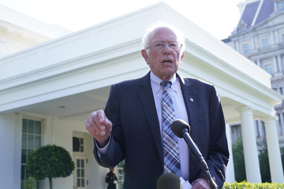 Sen. Bernie Sanders, I-Vt., talks to reporters outside the West Wing of the White House in Washington, Monday, July 12, 2021, following his meeting with President Joe Biden. (AP Photo/Susan Walsh)