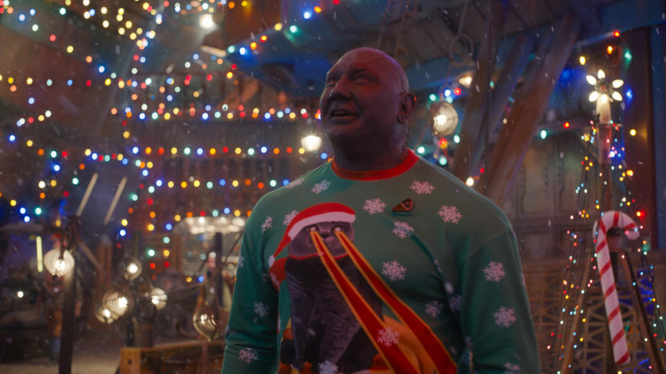 Dave Bautista as Drax in The Guardians of the Galaxy Holiday Special. (Marvel Studios)