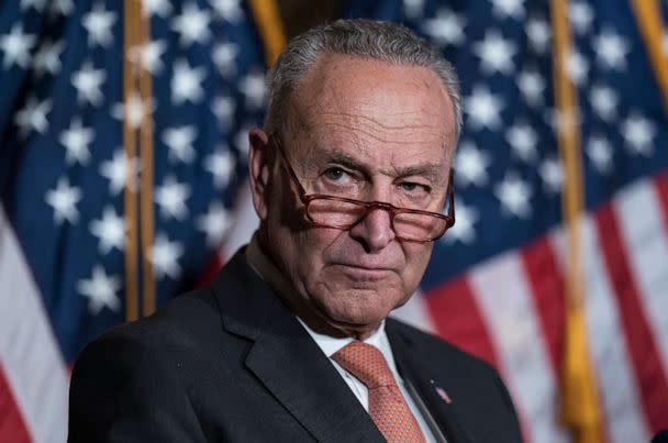 PHOTO: Senate Majority Leader Chuck Schumer meet with reporters at the Capitol in Washington, July 27, 2022. (J. Scott Applewhite/AP)