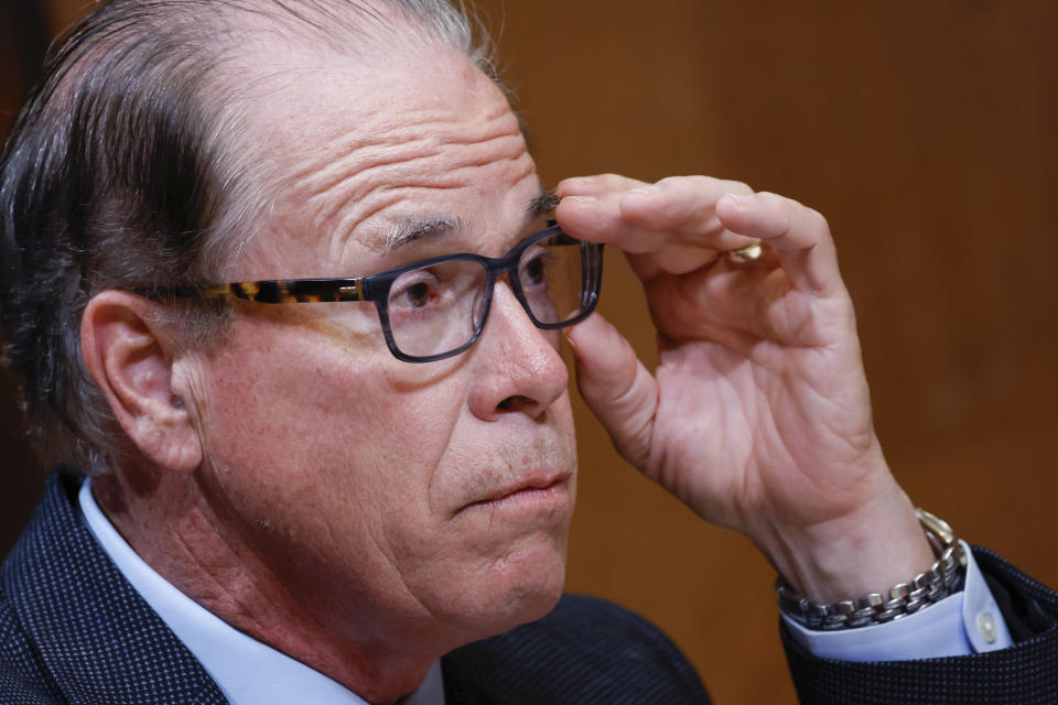 FILE - Sen. Mike Braun, R-Ind., listens during a Senate Appropriations Subcommittee hearing in Washington, May 25, 2022. A bipartisan group of U.S. senators, including Braun, introduced legislation Wednesday, Sept. 28, to overhaul oversight and bring greater transparency to the crisis-plagued federal Bureau of Prisons following reporting from The Associated Press that exposed systemic corruption in the federal prison system and increased congressional scrutiny. (Ting Shen/Pool Photo via AP, File)