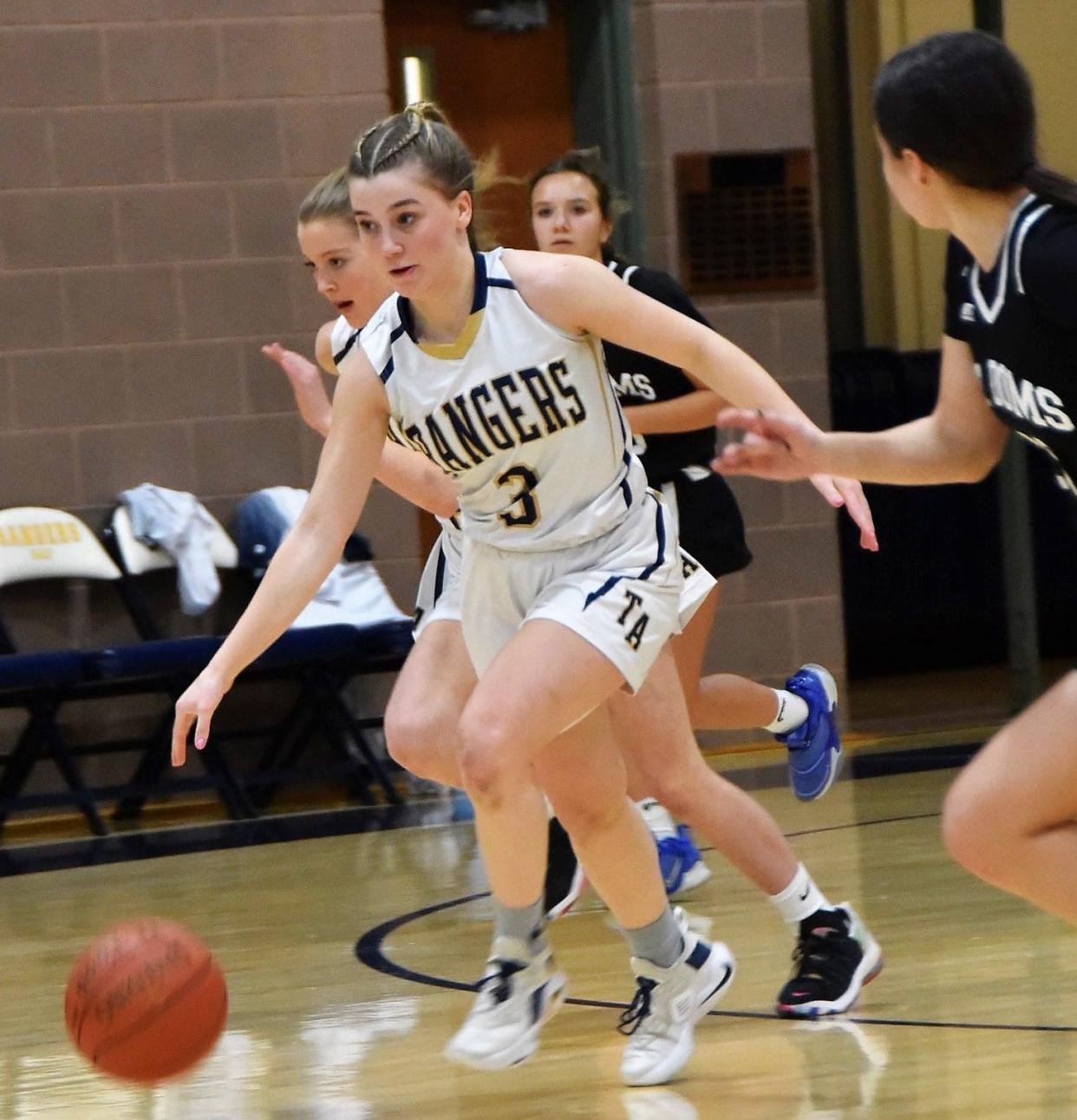 Traip Academy's Emme Hale, seen here in a recent game against St. Dominic's, scored 15 points in Friday's win over Class B Cape Elizabeth.