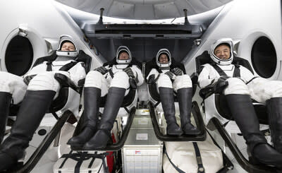 Roscosmos cosmonaut Konstantin Borisov, left, ESA (European Space Agency) astronaut Andreas Mogensen, NASA astronaut Jasmin Moghbeli, and Japan Aerospace Exploration Agency (JAXA) astronaut Satoshi Furukawa are seen inside the SpaceX Dragon Endurance spacecraft onboard the SpaceX recovery ship MEGAN shortly after having landed in the Gulf of Mexico off the coast of Pensacola, Florida, Tuesday, March 12, 2024. Moghbeli, Mogensen, Furukawa, and Borisov are returning after nearly six-months in space as part of Expedition 70 aboard the International Space Station. Photo Credit: (NASA/Joel Kowsky)