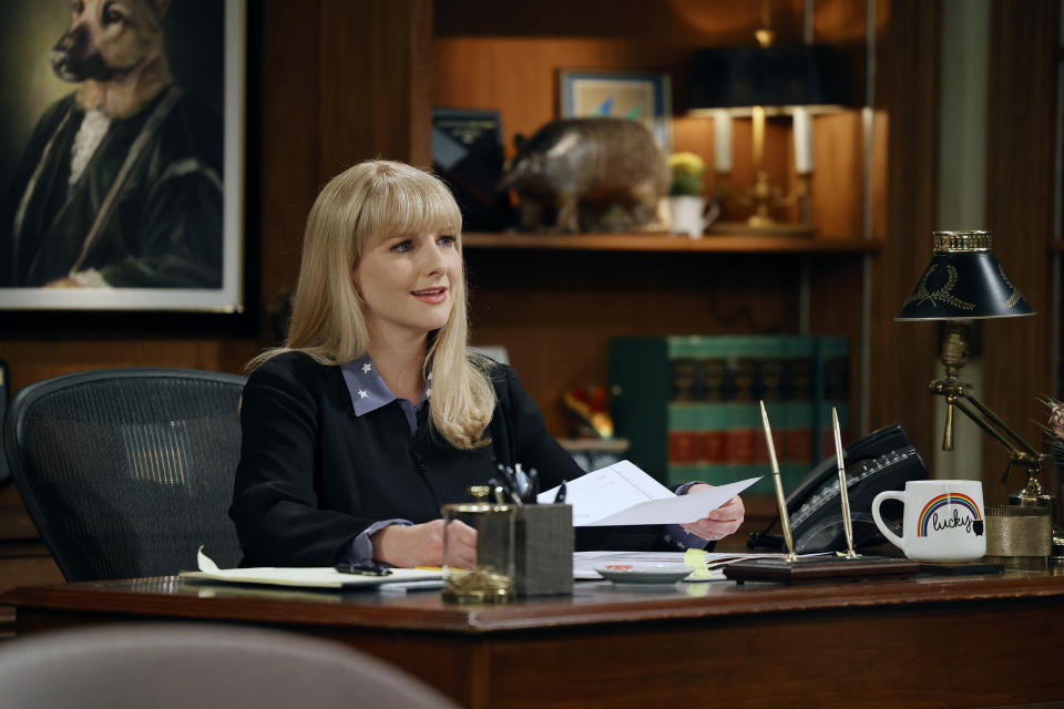 This image released by NBC shows Melissa Rauch in a scene from the comedy series "Night Court." (Jordin Althaus/NBC/Warner Bros. Television via AP)