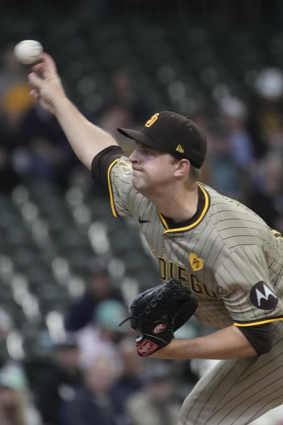 San Diego Padres' Michael King throws during the first inning of a baseball game against the Milwaukee Brewers Wednesday, April 17, 2024, in Milwaukee. (AP Photo/Morry Gash)