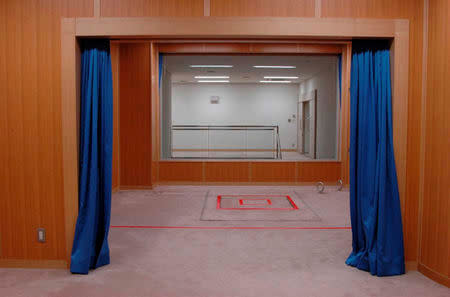 FILE PHOTO : An execution chamber where a trap door is marked with a red square, is seen at the Tokyo Detention Center in Tokyo, Japan, in this undated file handout photo released by the Justice Ministry in August 27, 2010. Justice Ministry/Handout via Reuters/File Photo