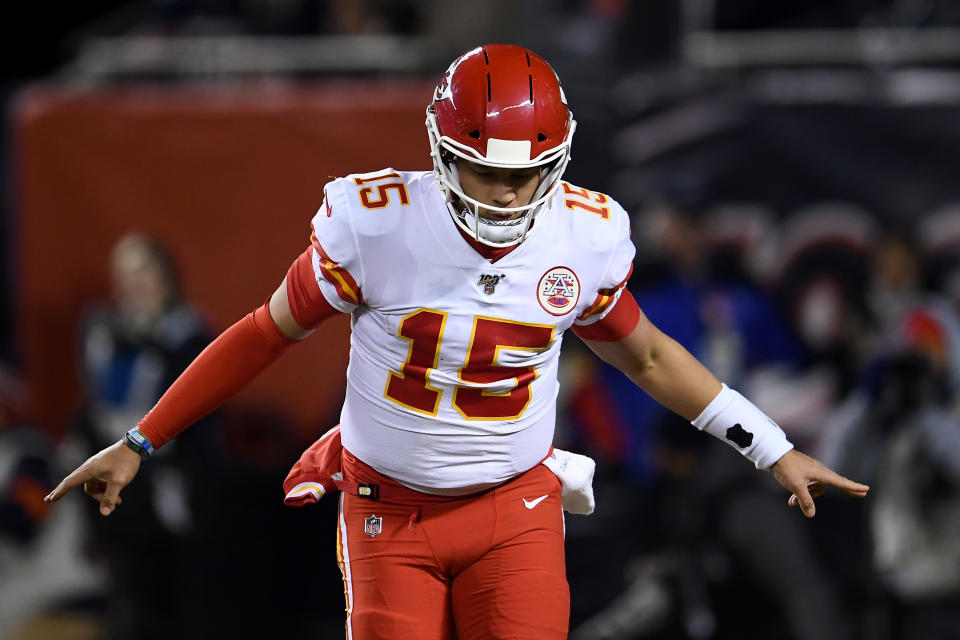 Patrick Mahomes lit up the Bears and delivered a Mitchell Trubisky-related message in the process. (Photo by Stacy Revere/Getty Images)
