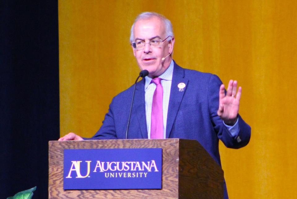 New York Times columnist and PBS NewsHour commentator David Brooks speaks at Augustana University's Boe Forum on Public Affairs on Tuesday, March 19, 2024 in the Elmen Center.