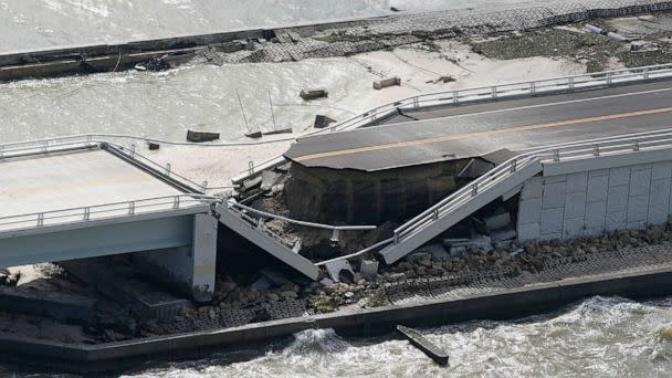 PHOTO: A section of the damaged Sanibel Causeway seen in the aftermath of Hurricane Ian, Sept. 29, 2022, near Sanibel Island, Fla. (Wilfredo Lee/AP)