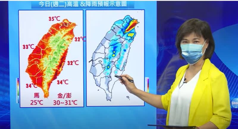 今天受到西南風影響，各地溫度比較高，氣象局中午前後已針對台東縣地區及花蓮縣縱谷發布高溫資訊為黃色燈號。（圖／翻攝自氣象局直播）