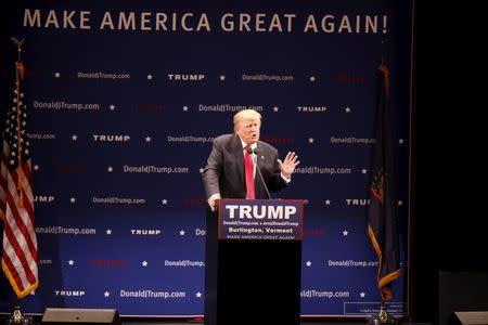 U.S. Republican presidential candidate Donald Trump gestures during a campaign rally in Burlington, Vermont January 7, 2016. REUTERS/Erin Siegal