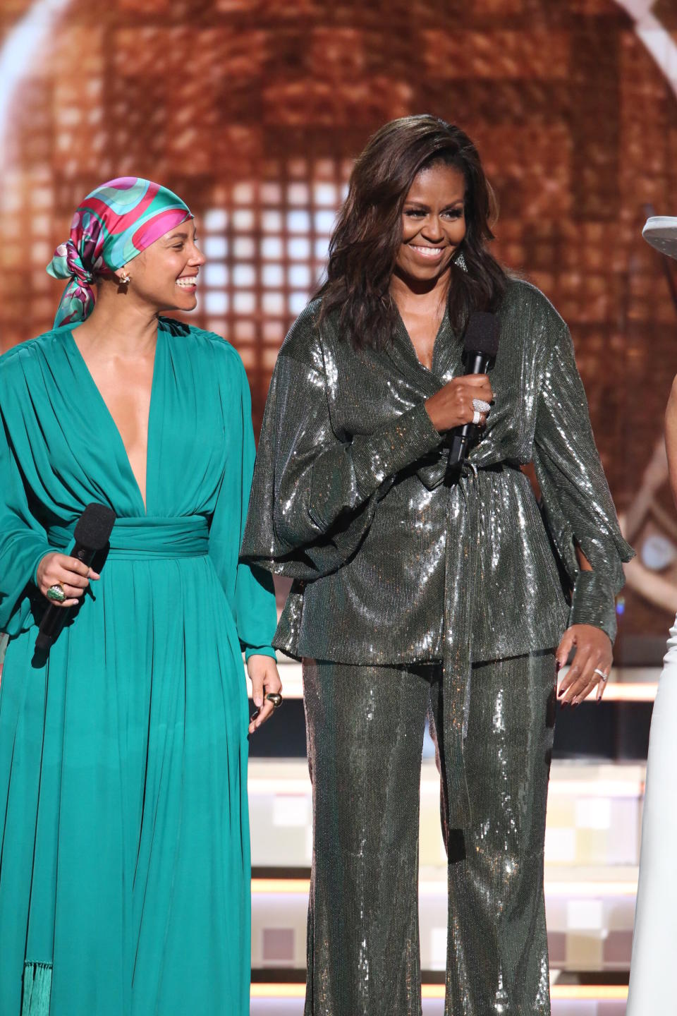 Michelle Obama and Alicia Keys at the 61st annual Grammy Awards in Los Angeles on Feb. 10.&nbsp;