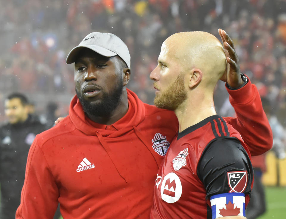 Jozy Altidore (left) blasted Toronto FC for what he characterized as the club's mishandling of an ankle injury sustained by Reds captain Michael Bradley during November's MLS Cup. (Dan Hamilton-USA TODAY Sports)