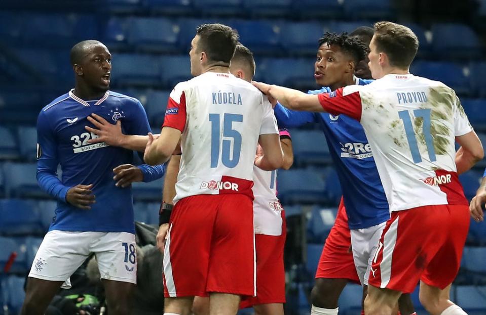 Rangers’ Glen Kamara (left) was allegedly racially abused by Slavia Prague’s Ondrej Kudela (PA Wire)