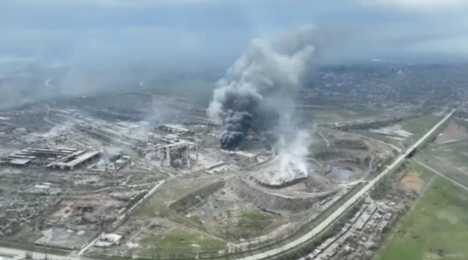 An aerial view of Mariupol's steel plant as it is hit with heavy artillery