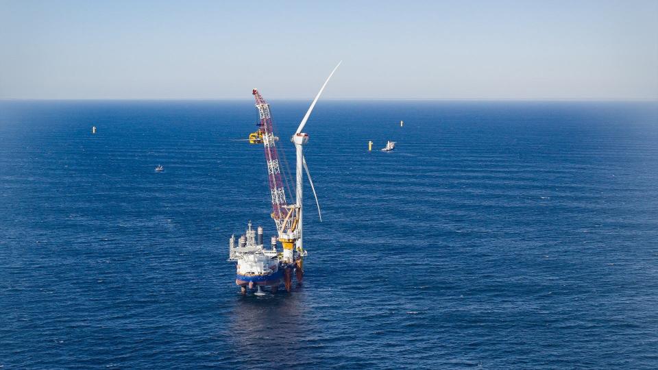 The first turbine at the South Fork Wind Farm was installed in ocean waters off Rhode Island.