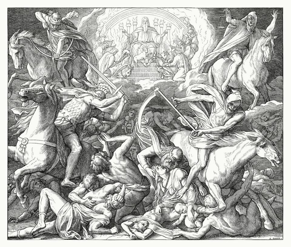 A black and white engraving showing four horsemen striking people with their swords. Behind them a figure is seated on a throne with people bowing before him.