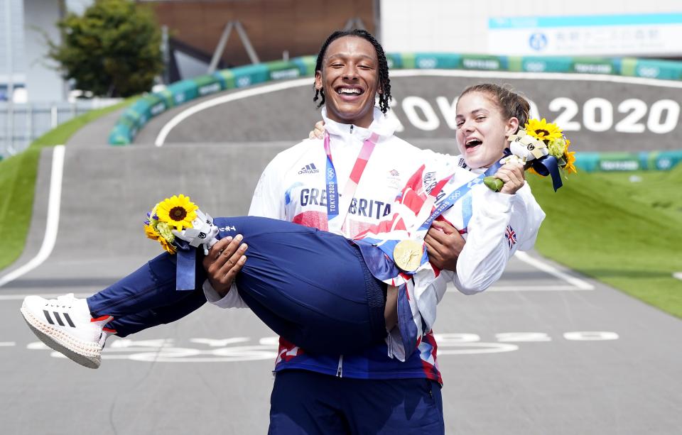 Beth Shriever and Kye Whyte celebrate their gold and silver medals (Danny Lawson/PA) (PA Wire)