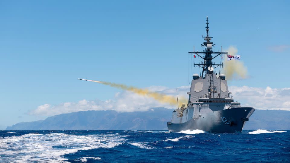 HMAS Sydney fires the Royal Australian Navy’s first Naval Strike Missile during a SINKEX off the coast of Oahu, Hawaii, as a part of Exercise Rim of the Pacific (RIMPAC) 2024. - LSIS Daniel Goodman/Royal Australian Navy
