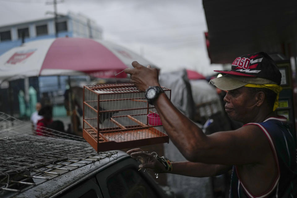 Trevor Fort holds a cage with one of his songbirds at the Stabroek Market in Georgetown, Guyana, Friday, April 21, 2023. Fort, a street vendor, says he keeps the bird with him for company and because he likes the whistling. (AP Photo/Matias Delacroix)