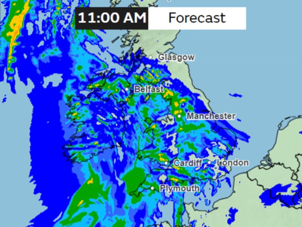 Band of rain will continue to move through the UK as the day progresses, covering more regions (Met Office)