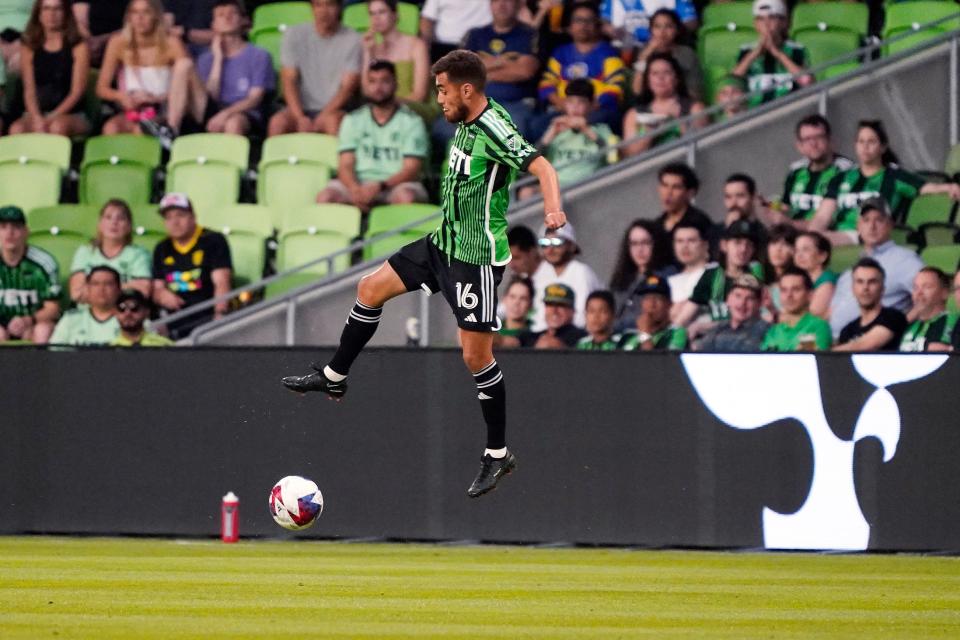 Austin FC defender Hector Jimenez leaps over the ball during the first half. El Tree scored both of its goals in the first half and has now scored two goals in each of its past three matches.