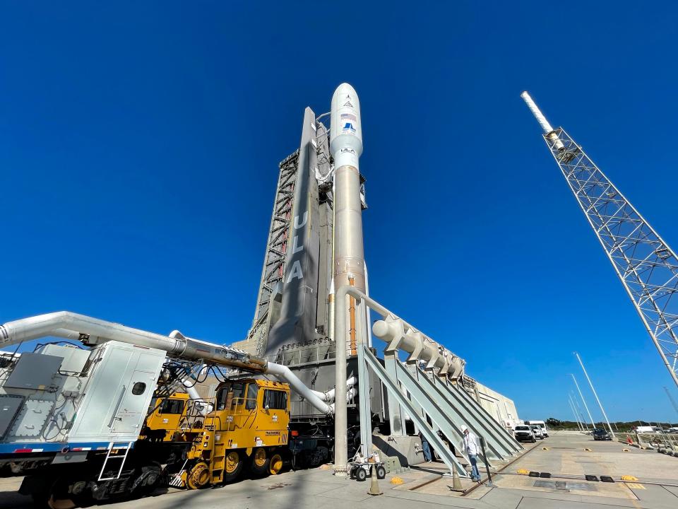 A United Launch Alliance Atlas V rocket is rolled out to its pad at Cape Canaveral Space Force Station's Launch Complex 41 on Tuesday, Jan. 20, 2022. The rocket will take two Space Force satellites to orbit.