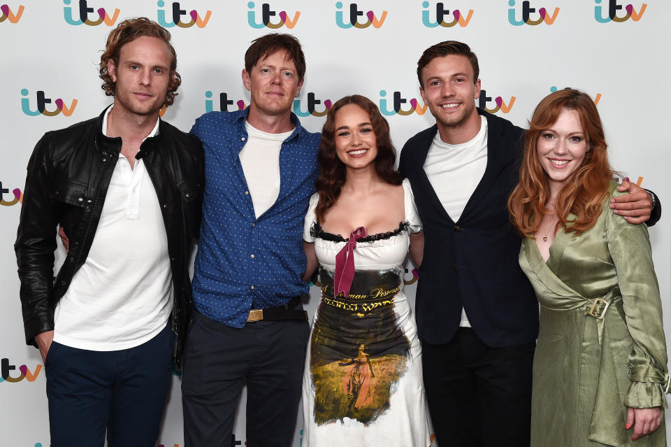 LONDON, ENGLAND - JULY 26: Jack Fox, Kris Marshall, Rose Williams, Leo Suter and Charlotte Spencer attend the "Sanditon" Jane Austen Drama photocall at The Soho Hotel on July 26, 2019 in London, England. (Photo by Eamonn M. McCormack/Getty Images)