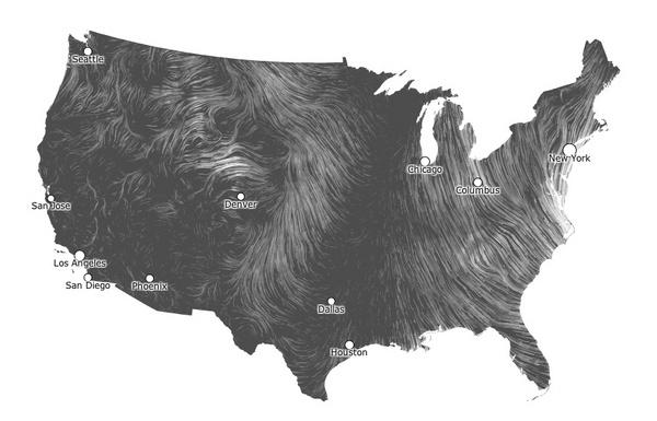 A screenshot of winds from Hurricane Sandy at 10 p.m. ET, Sunday (Oct. 28). Winds are noticeably less strong than in the next shot, taken 14 hours later.