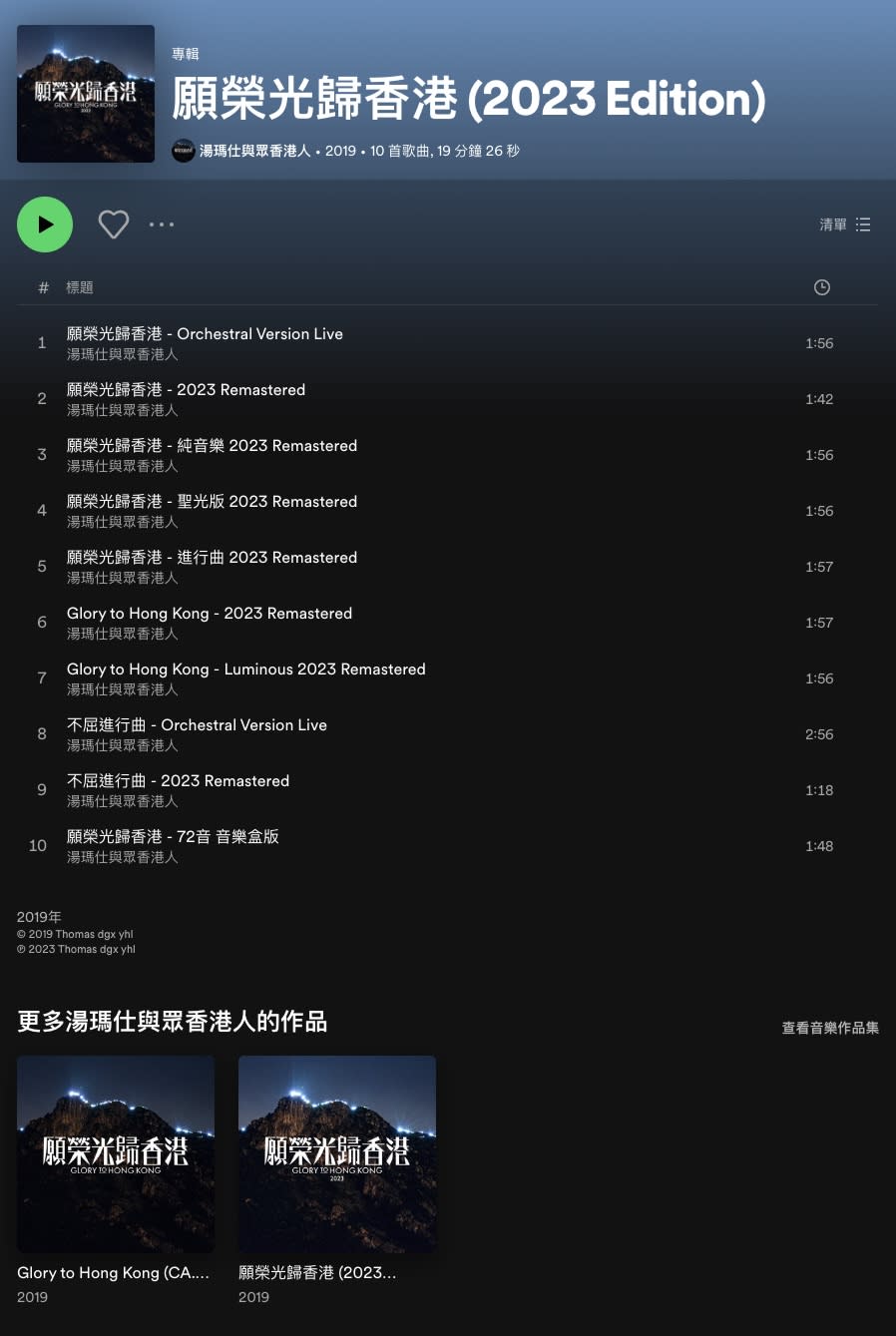 音樂串流平台 Spotify 截至 2024 年 6 月 23 日，就《願榮光》歌曲的搜尋結果。