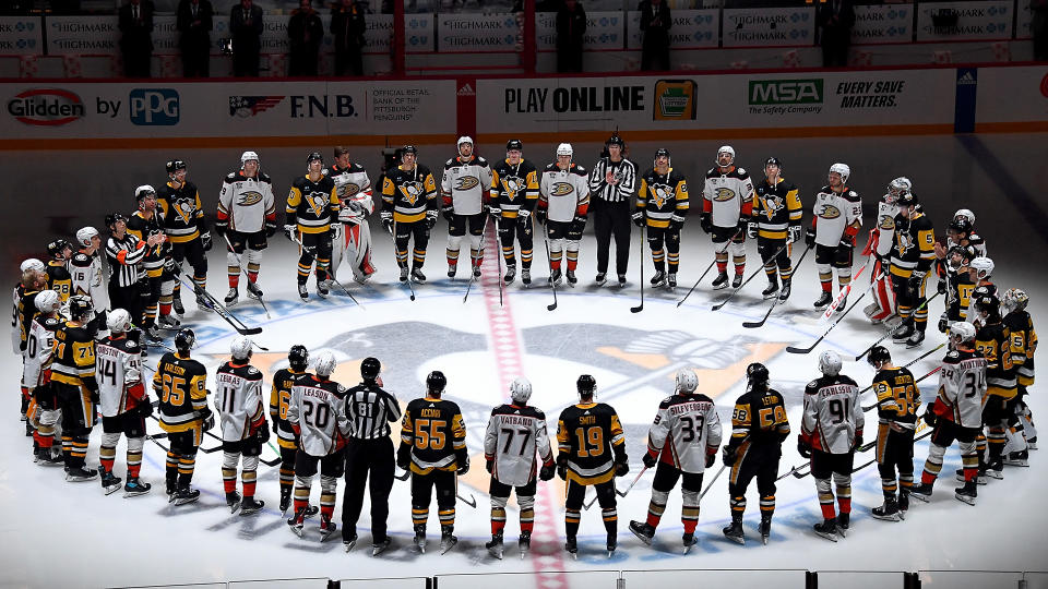 Adam Johnson is remembered before Monday's game between the Pittsburgh Penguins and the Anaheim Ducks. (Photo by Joe Sargent/NHLI via Getty Images)