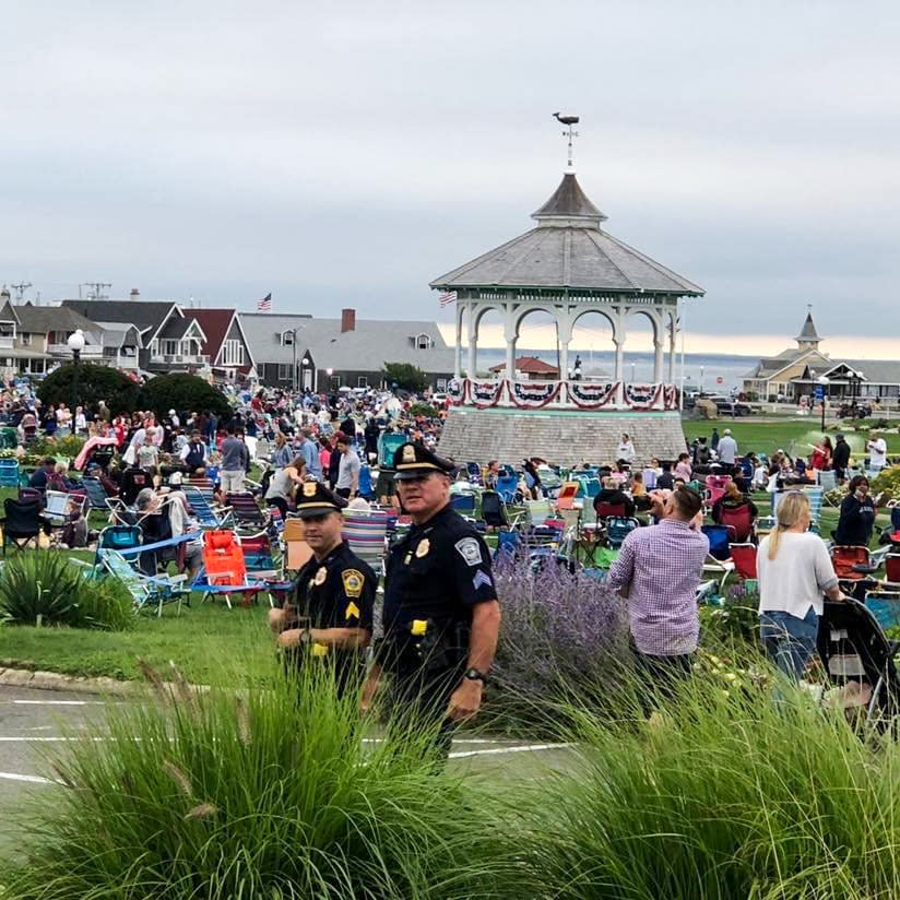 Edgartown Police Department Sgt. Jonathan Searle, center, works a fireworks event in Oak Bluffs, Mass., in 2019. Searle, who acted in the film 