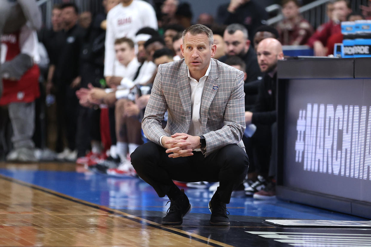 Alabama head coach Nate Oats was defiant in his defense of Brandon Miller despite the player's involvement in a fatal shooting. That defiance only got the team two NCAA tournament wins. (Photo by Rob Carr/Getty Images)