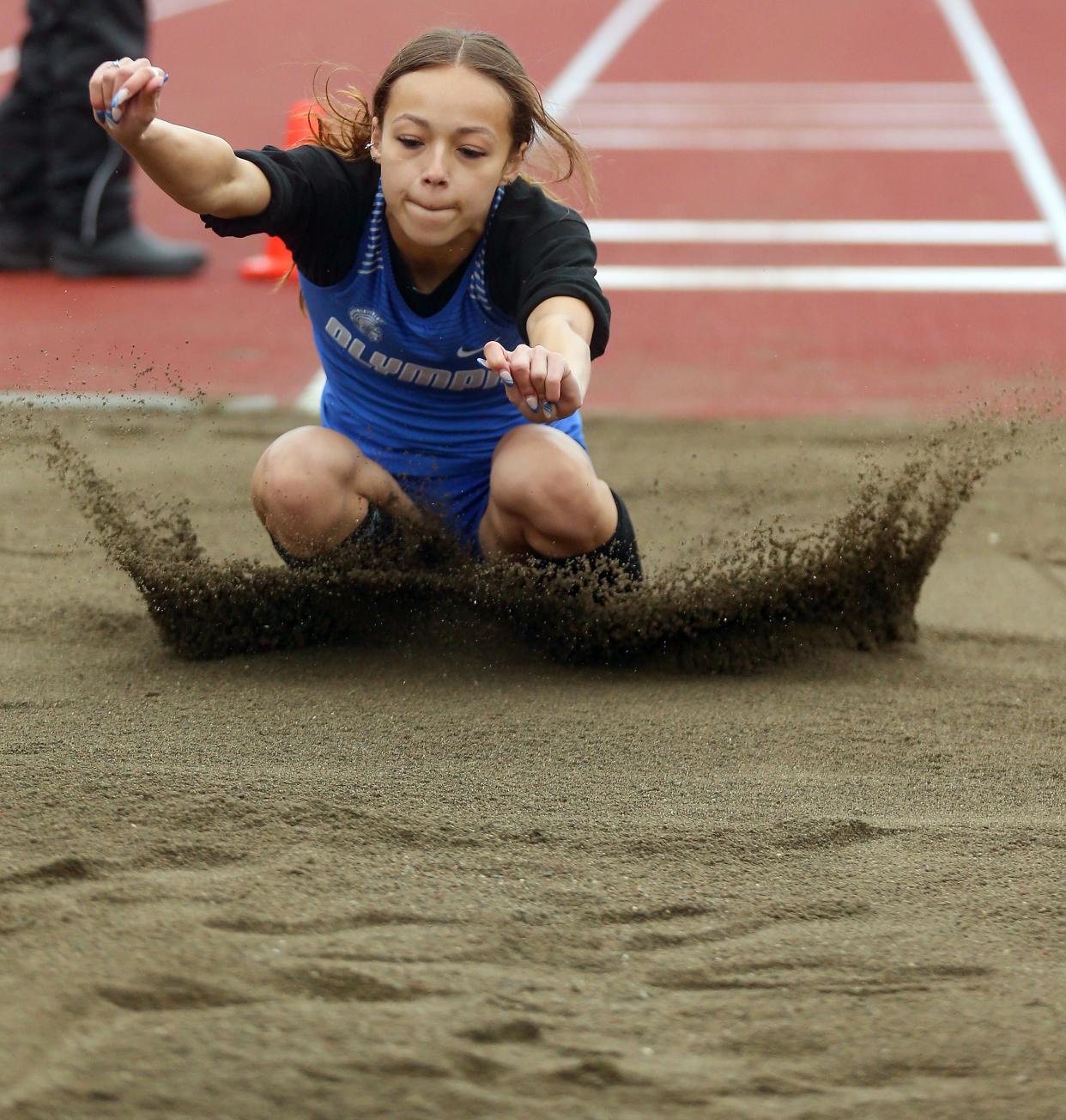 Olympic’s Mia Talarico competes in the long jump during the Olympic League Track and Field Championships at North Kitsap High School in Poulsbo on Saturday, May 4, 2024. Talarico took first place with a jump of 16-02.00.